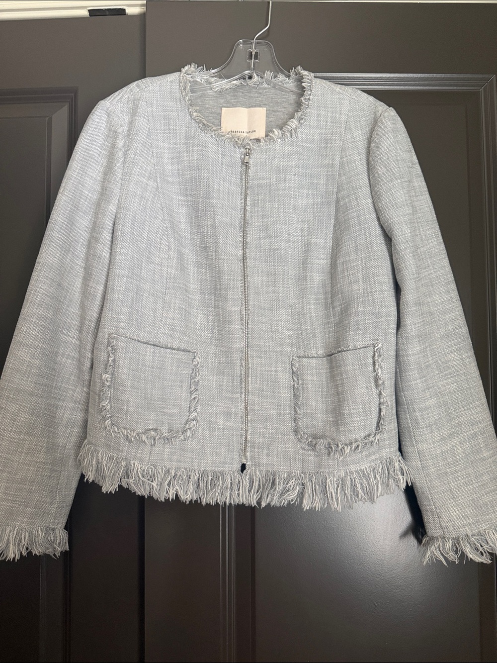 Rebecca Taylor Light Gray/Blue Fringe Tweed Zip Jacket